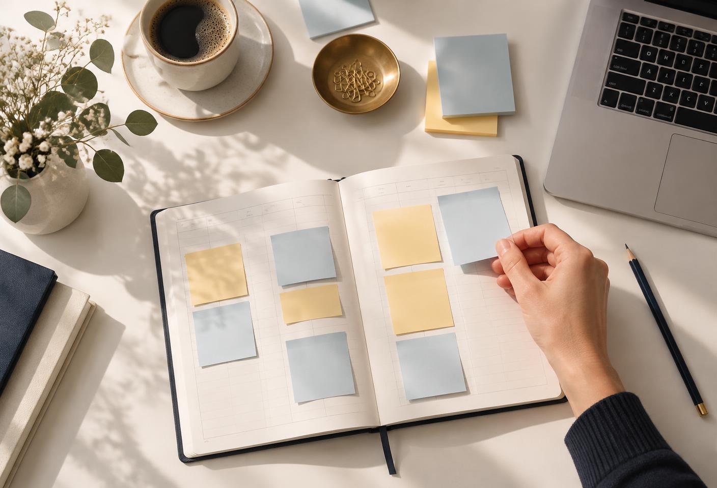 Carnet de planification et notes disposées sur un bureau — visuel généré